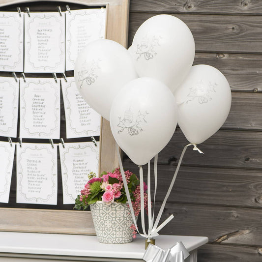 8 Luftballons in weiß mit Taubenmotiv