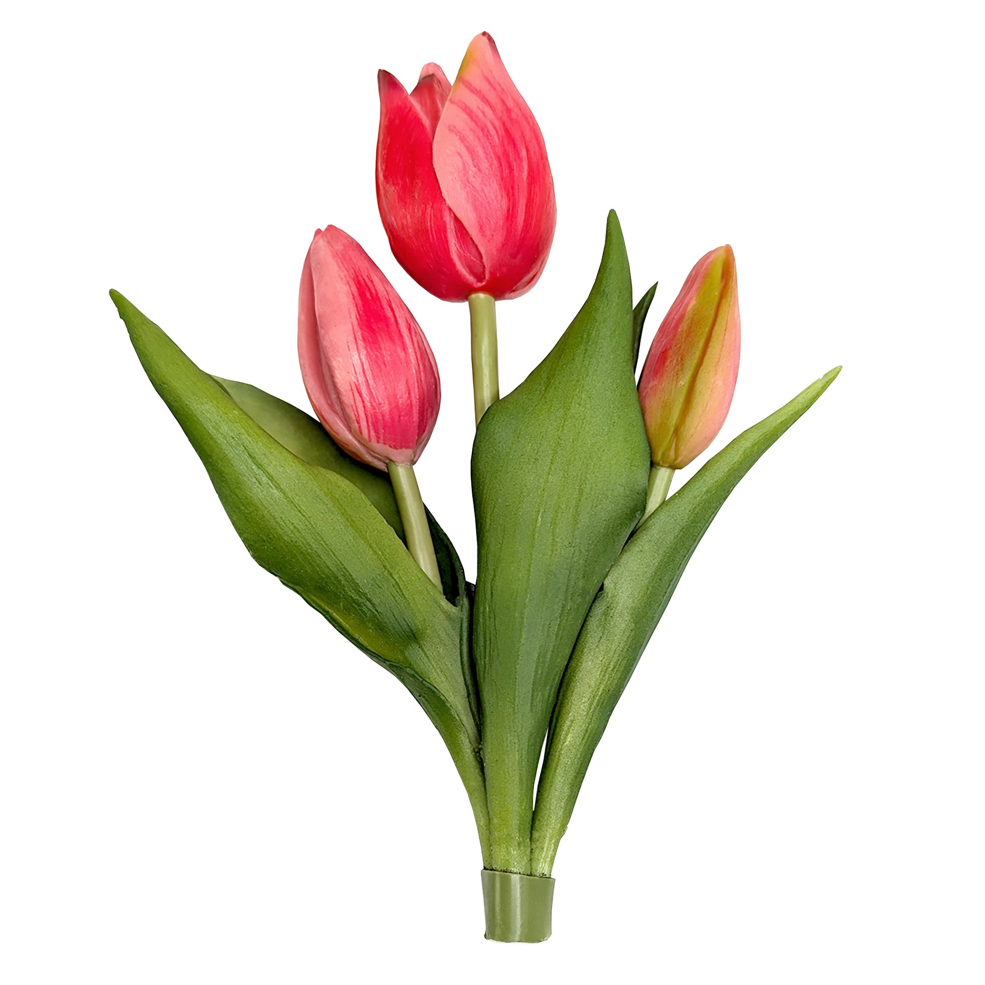 3 künstliche rosa Tulpen auf weißem Hintergrund freigestellt