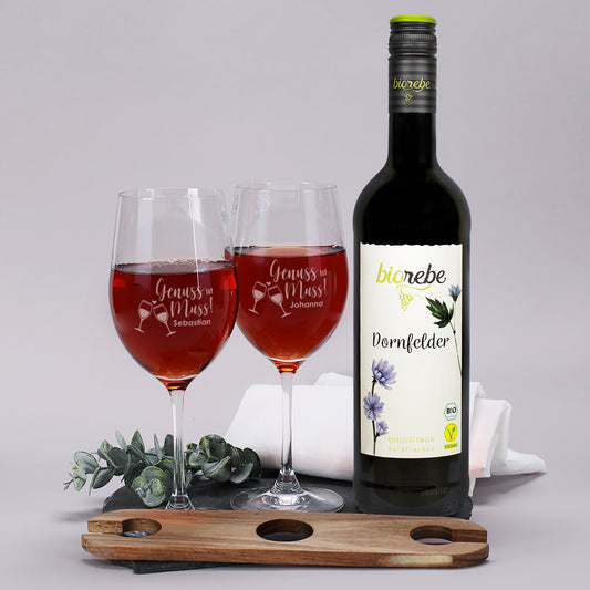 Biorebe Wein mit zwei Rotweingläsern und Weinbutler im Set | Geschenk für Paare