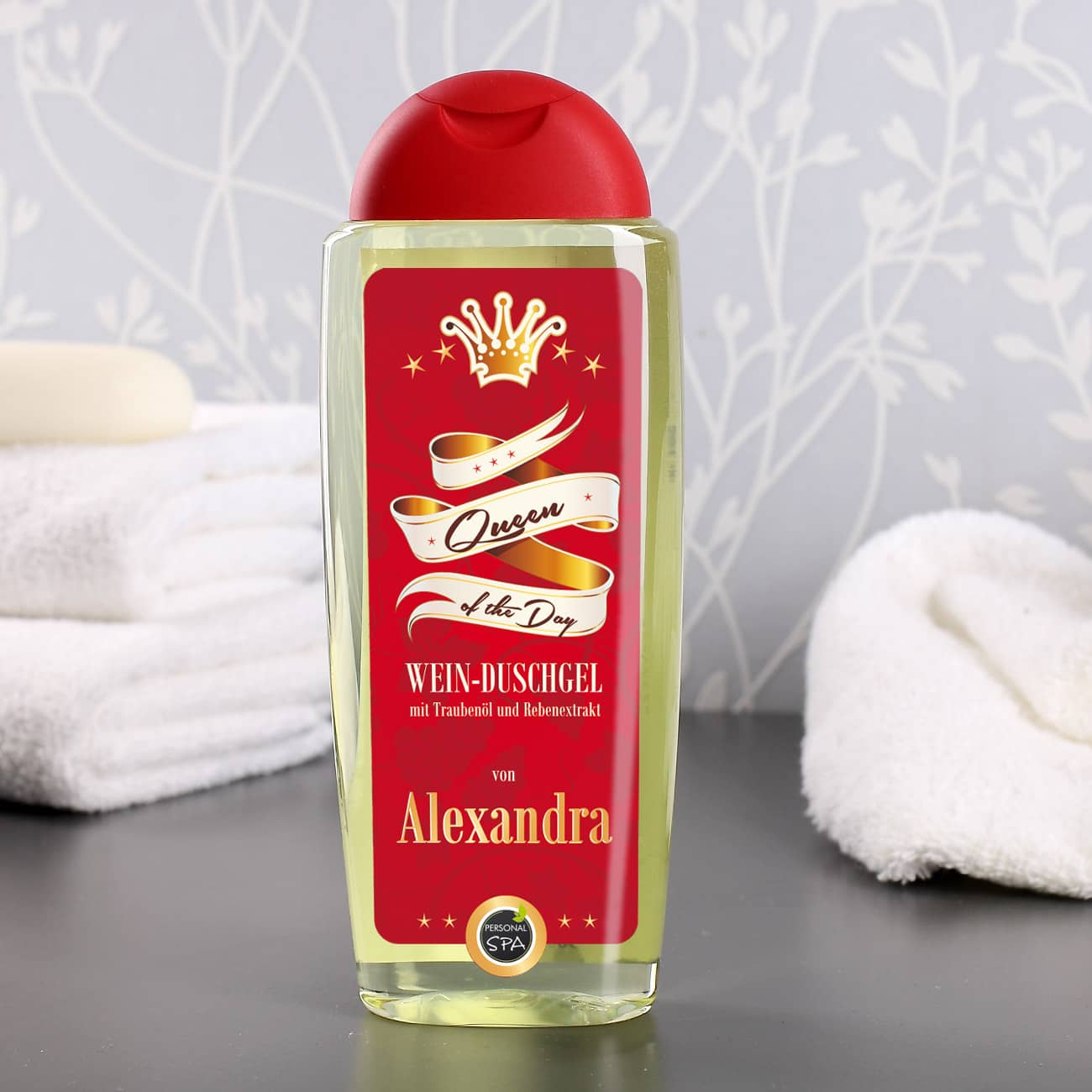 Weinduschgel -Queen of the Day- mit Wunschname