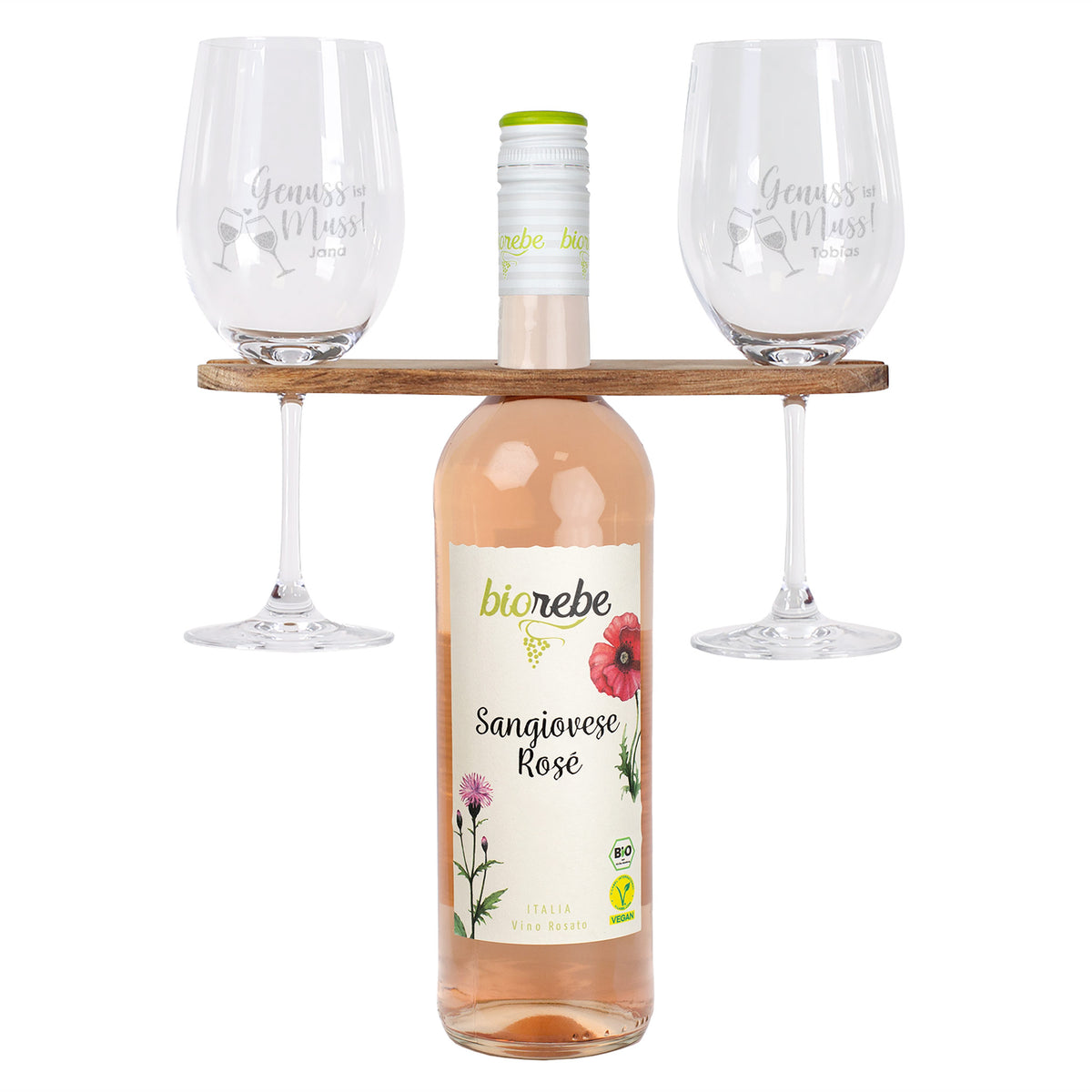 Biorebe Wein mit zwei Rotweingläsern und Weinbutler im Set | Geschenk für Paare