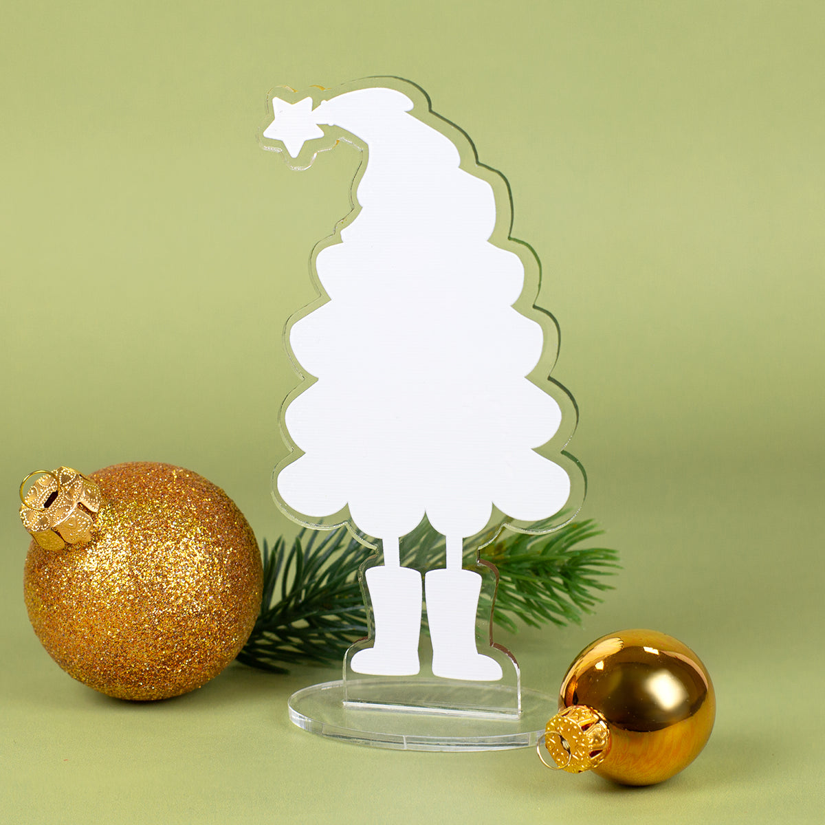 Rückseite des Acryl-Weihnachtsbaum-Aufstellers mit weißer Motivfläche und transparentem Standfuß