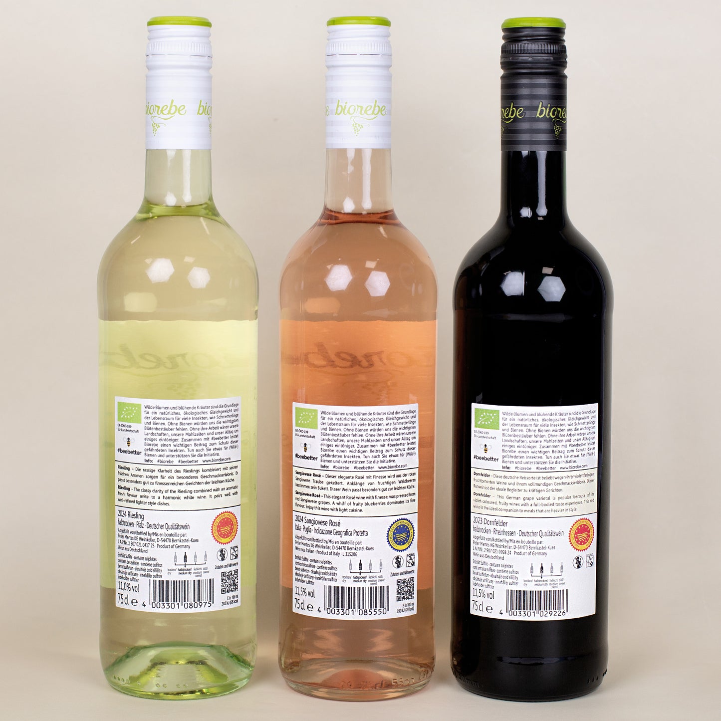 Biorebe Weinsortiment – Riesling, Sangiovese Rosé und Dornfelder, Rückansicht mit Detailangaben