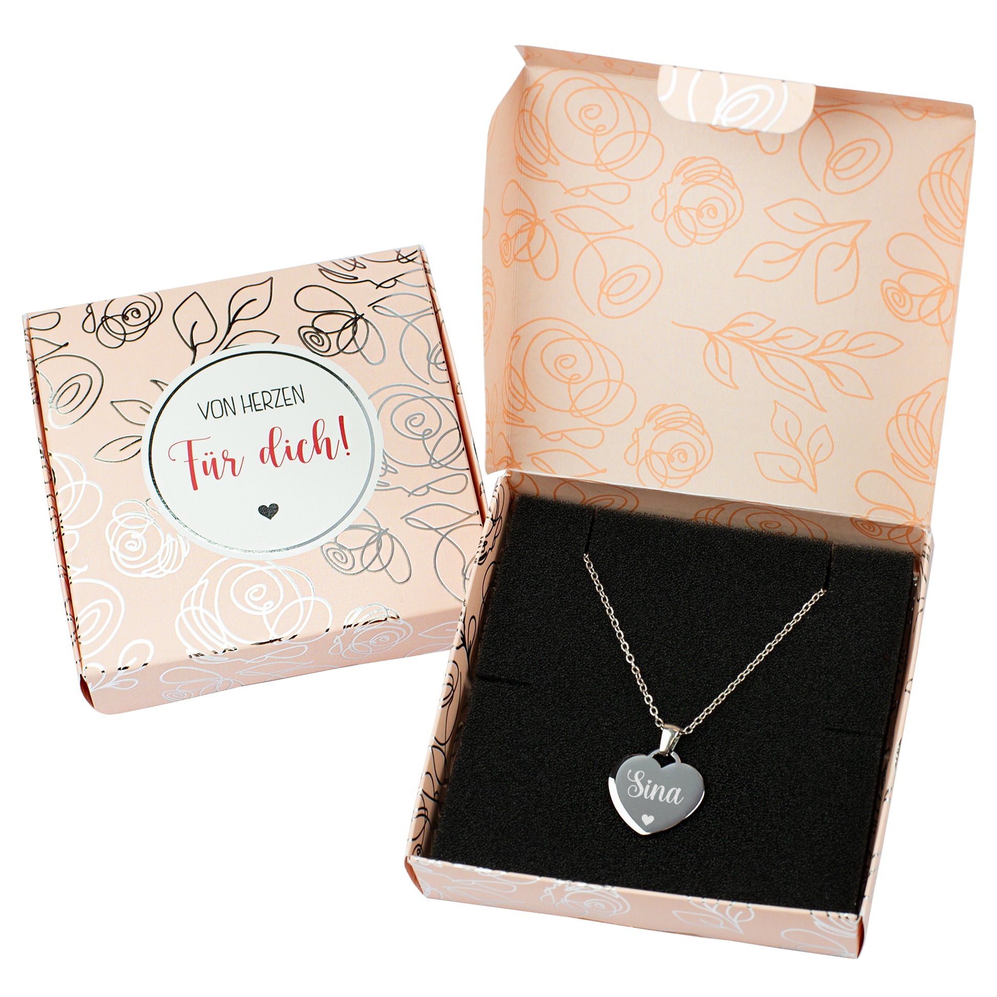 Herzkette mit Gravur in Geschenkbox mit Silberfolienprägung