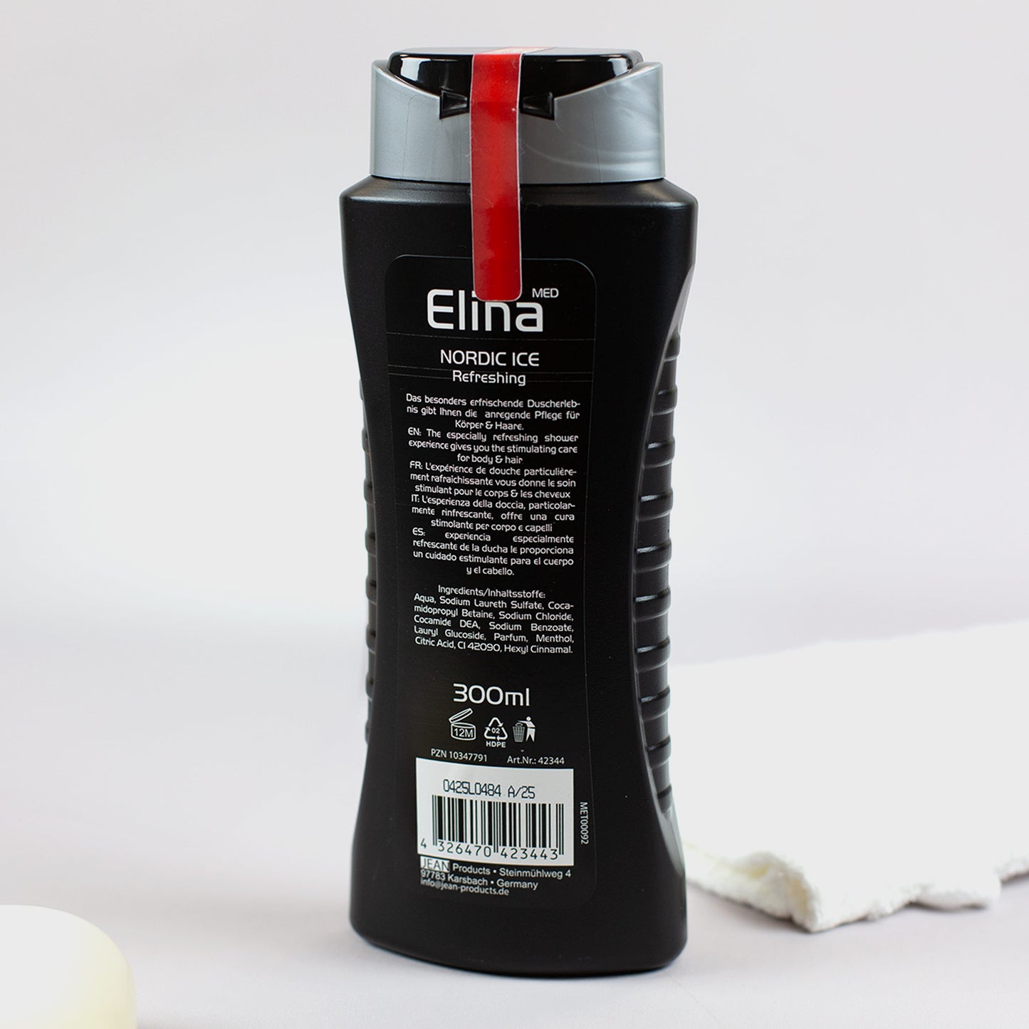 Männerpflege mit Witz – Duschgel „Speck weg Wunder Kur“, schwarzer Flakon Rückseite mit Inhaltsangaben