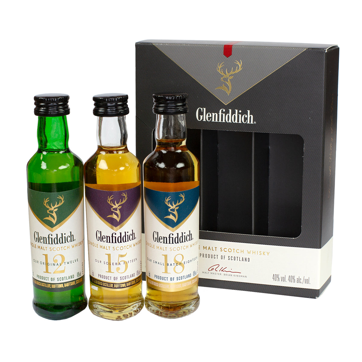 Glenfiddich Whisky Tasting Set mit drei Miniaturflaschen 12, 15 und 18 Jahre in schwarzer Geschenkverpackung vor weißem Hintergrund