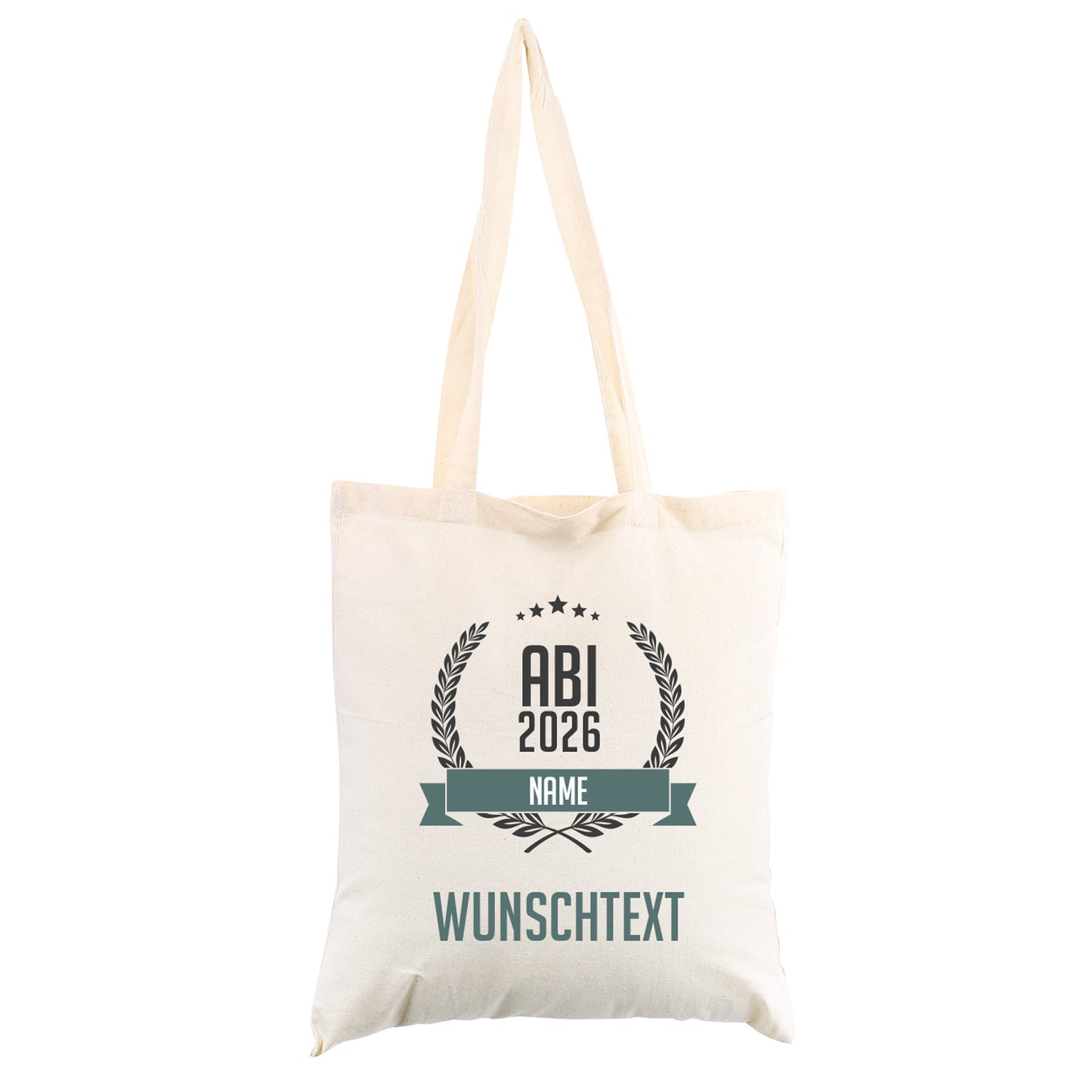 Beutel zum Abitur mit persönlichem Aufdruck freigestellt auf weißem Hintergrund