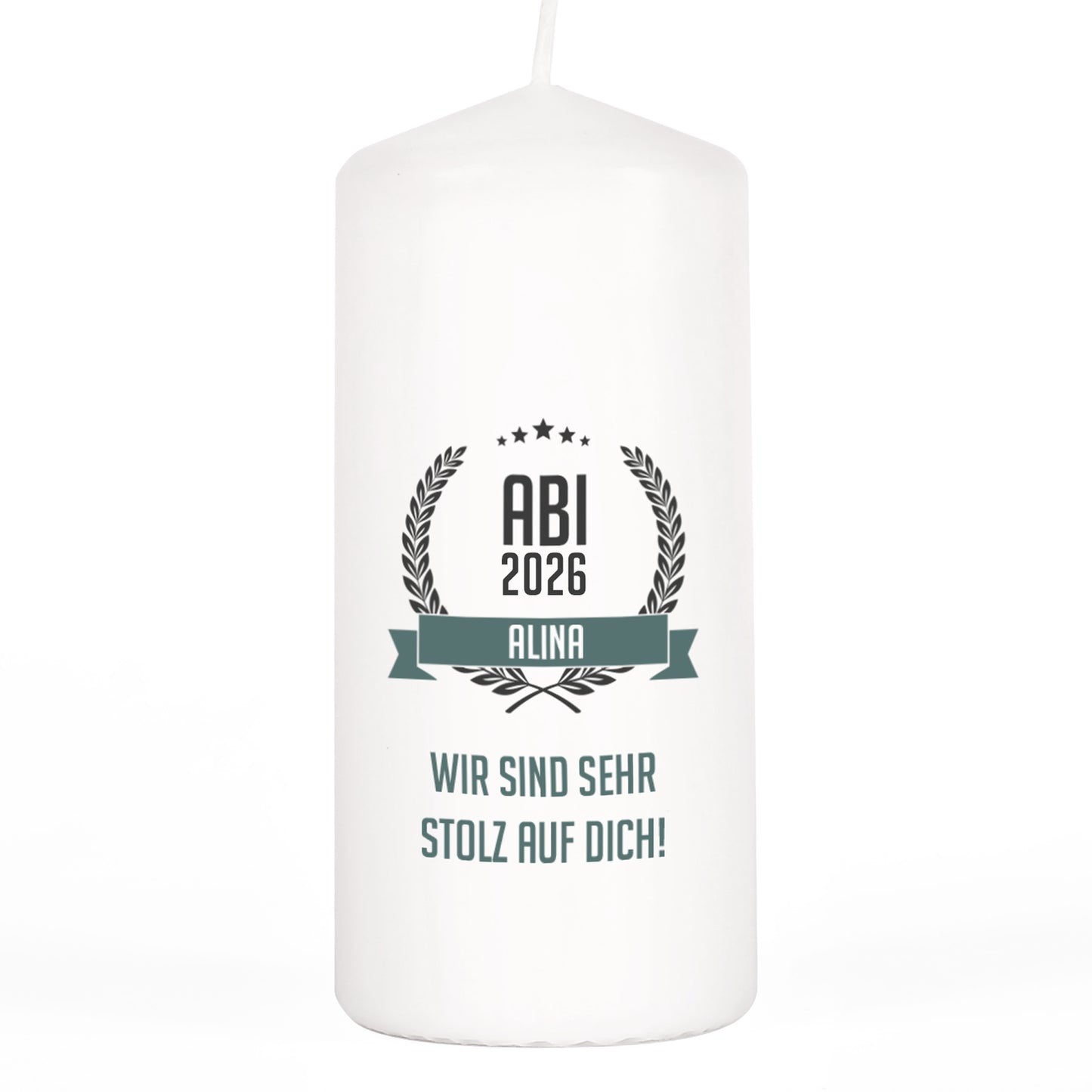 Abitur Kerze mit Name und Glückwunschtext freigestellt auf weißem Hintergrund