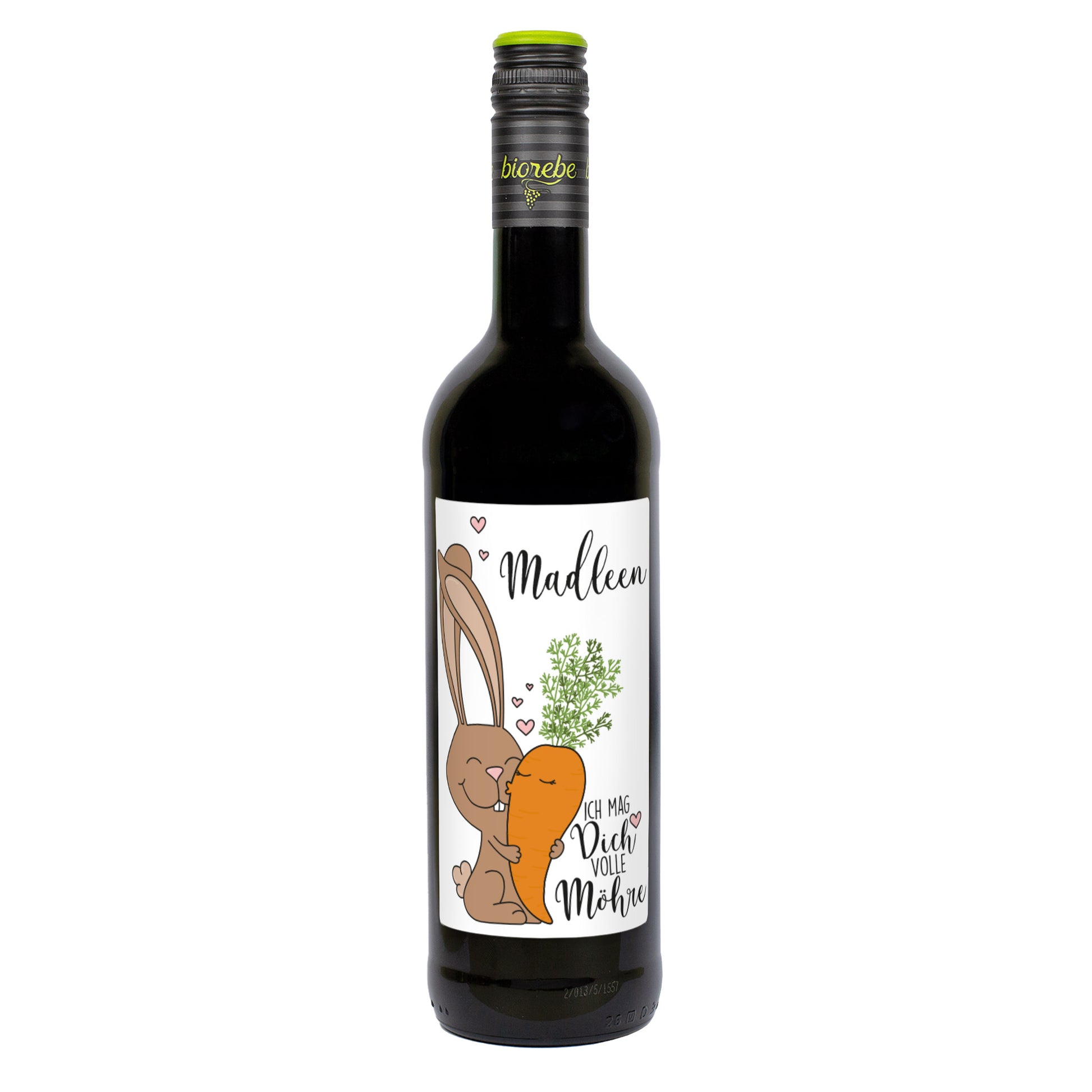 Personalisierte Rotwein-Flasche mit Hase und Möhre Motiv, Schriftzug „Ich mag Dich volle Möhre“ und Name Madleen