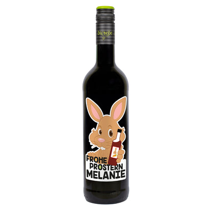 Personalisierte Roséweinflasche mit Osterhasen-Motiv, Schriftzug „Frohe Prostern“ und Name Melanie