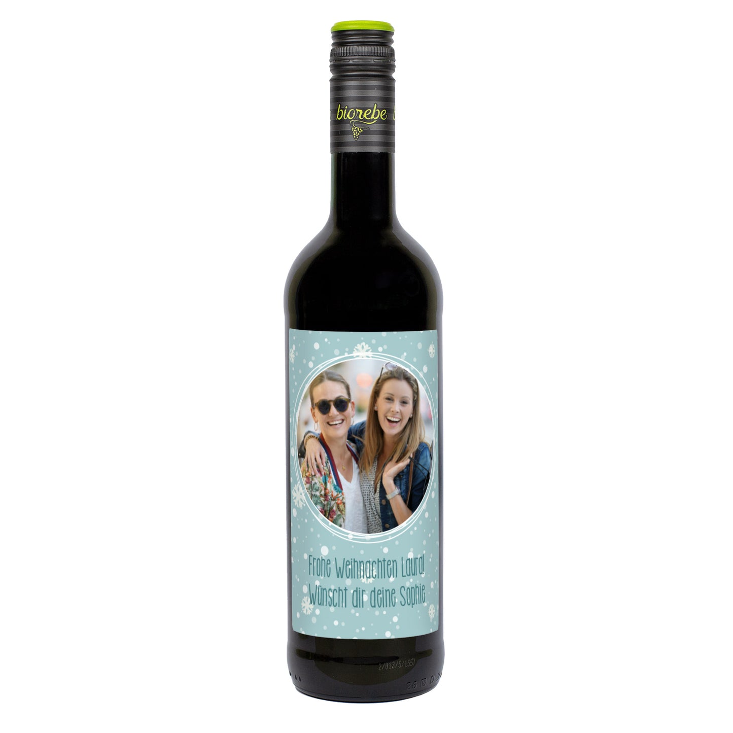 Weinflasche mit persönlichem Etikett und Foto zu Weihnachten | Biorebe Wein