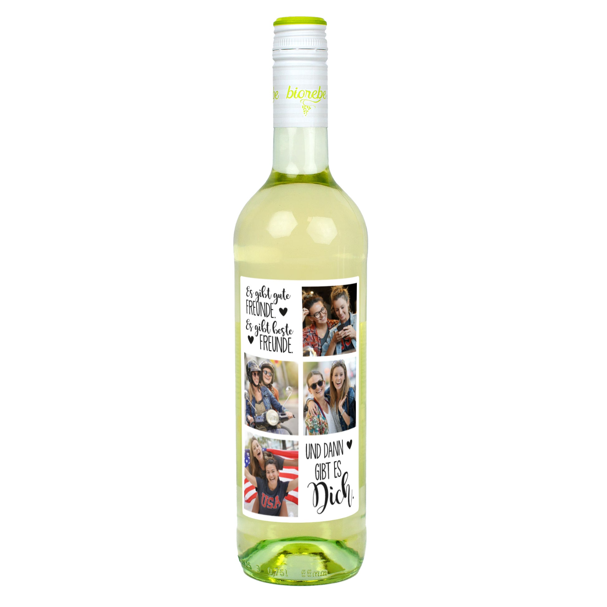 Flasche Weißwein mit personalisiertem Freunde-Motiv „Es gibt gute Freunde, es gibt beste Freunde, und dann gibt es Dich“ und vier Foto-Platzhaltern.