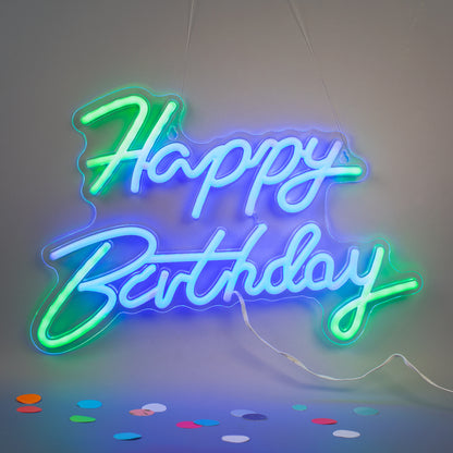 Happy Birthday Schild mit blau grüner LED Beleuchtung