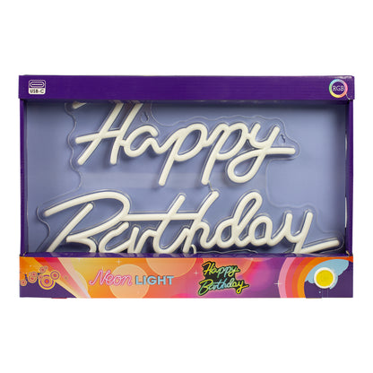 Verpacktes Happy Birthday Neon Light Schild auf weißem Hintergrund