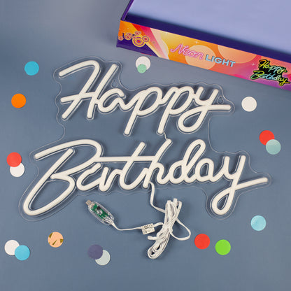 Happy Birthday Schild unbeleuchtet mit Kabel und Verpackung von oben fotografiert