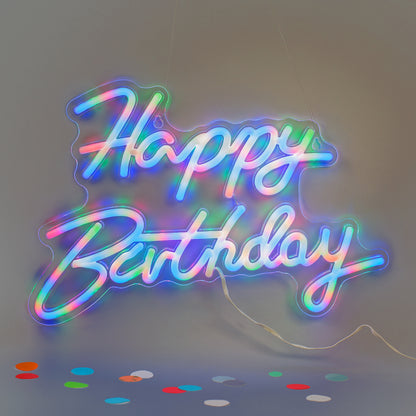 Happy Birthday Schild mit bunter RGB Beleuchtung in mehreren Farben