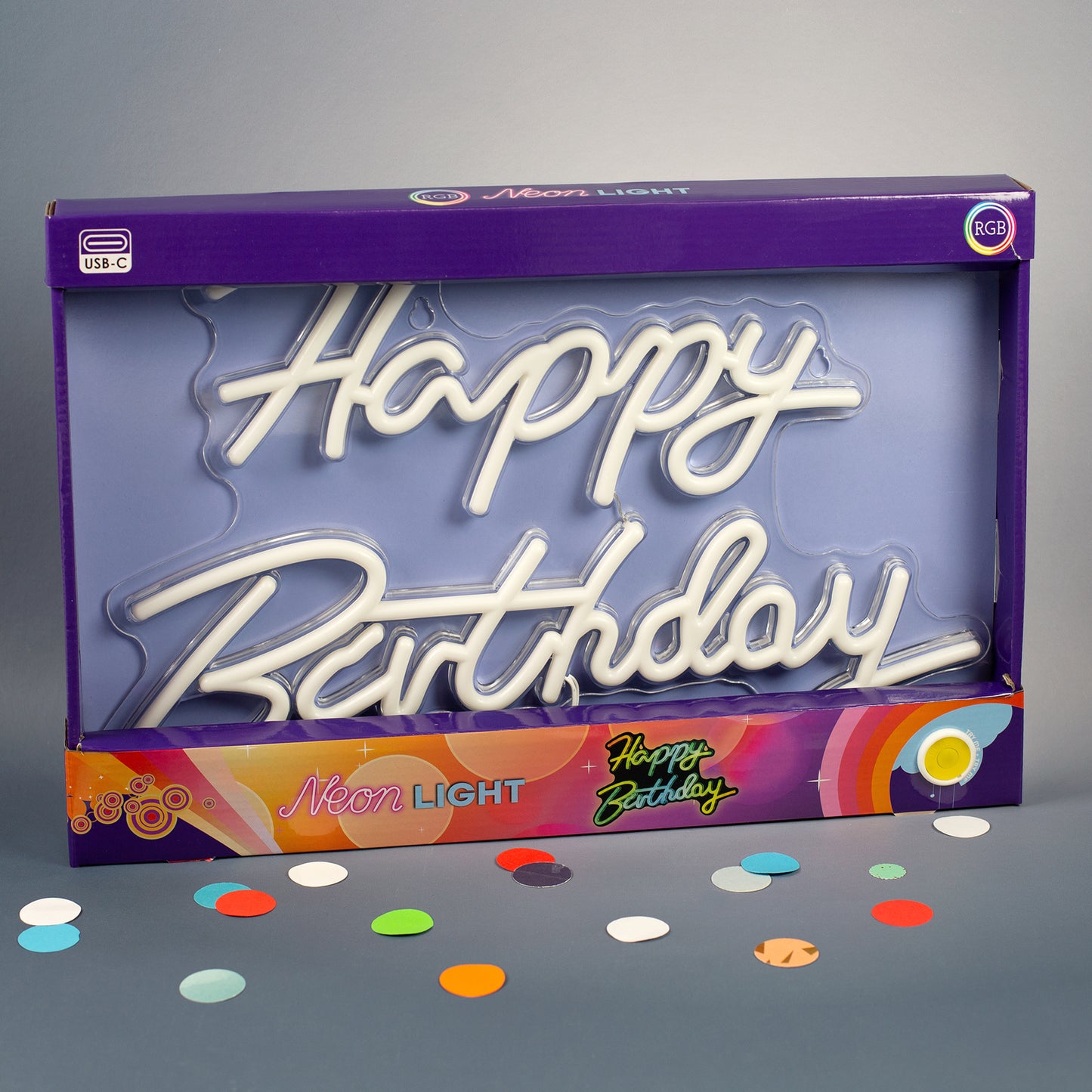 Happy Birthday Schild in Verpackung mit unbeleuchtetem Schriftzug