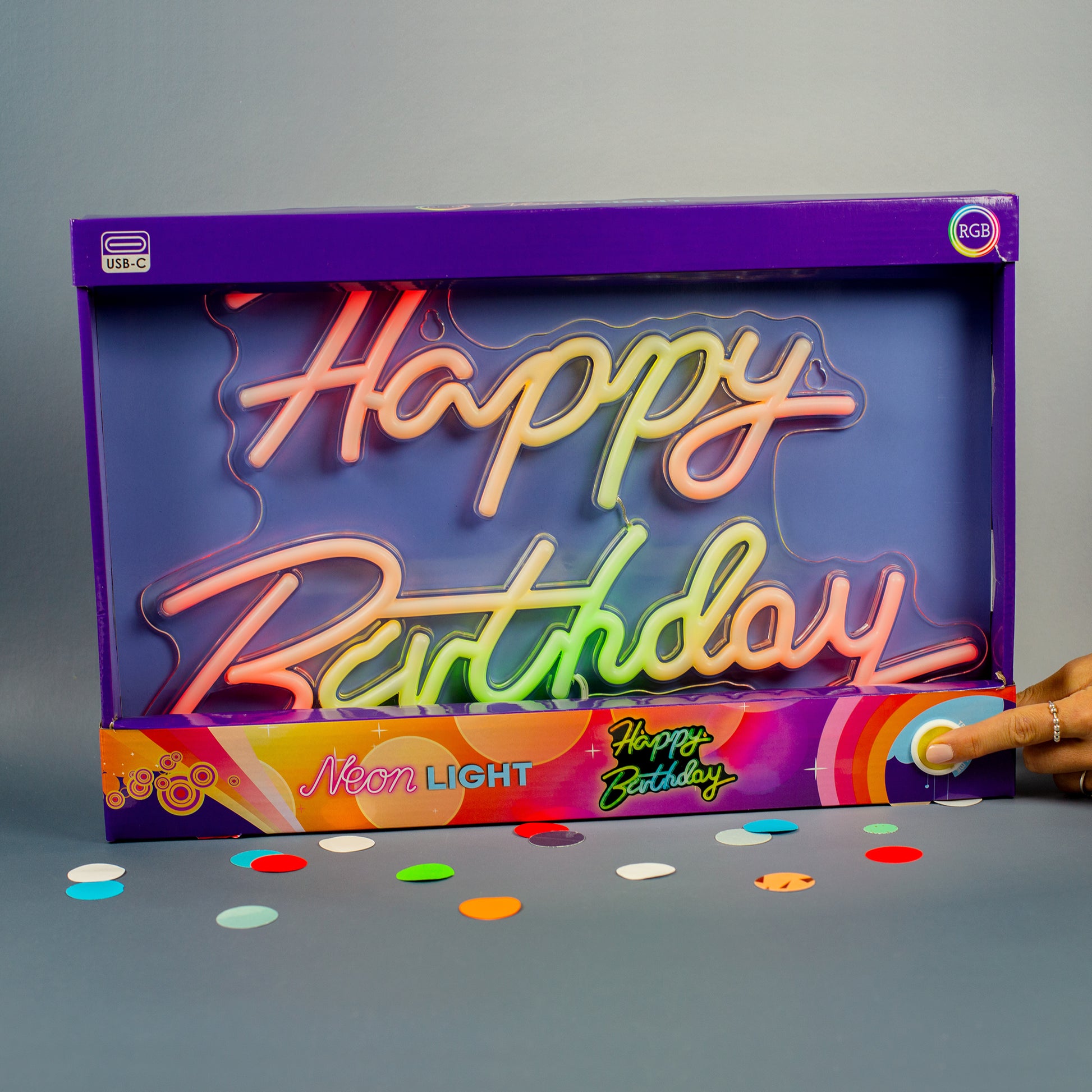 Happy Birthday Schild in Verpackung mit eingeschalteter RGB Beleuchtung