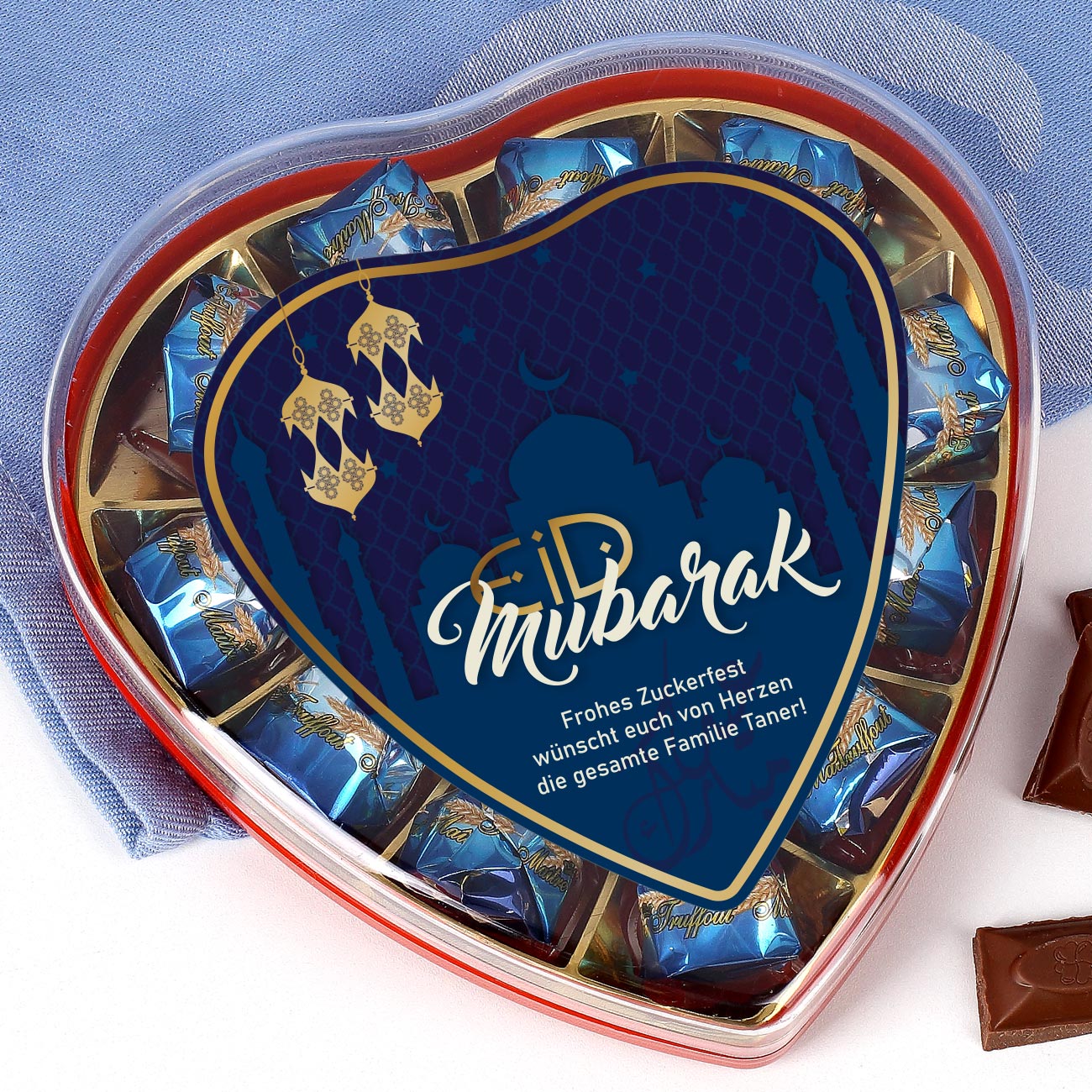 Pralinenherz Eid Mubarak in Dunkelblau mit Ihrem Text