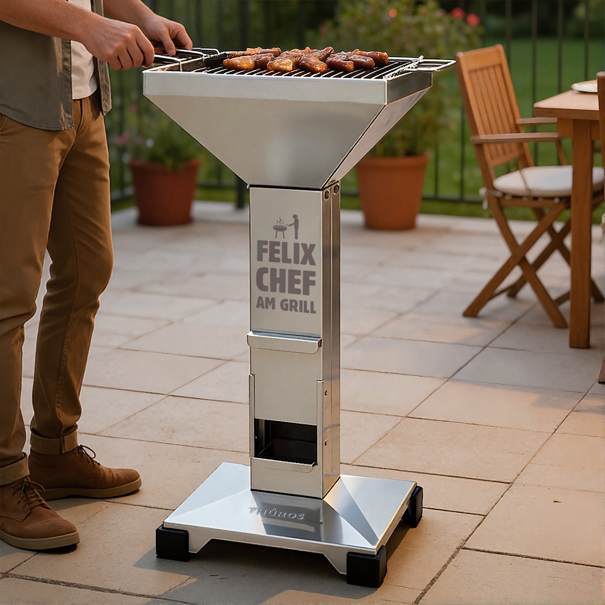 Thüros Säulengrill Holzkohlegrill aus Edelstahl mit persönlicher Gravur "Chef am Grill" und dem Namen zum Geburtstag oder als Vatertagsgeschenk