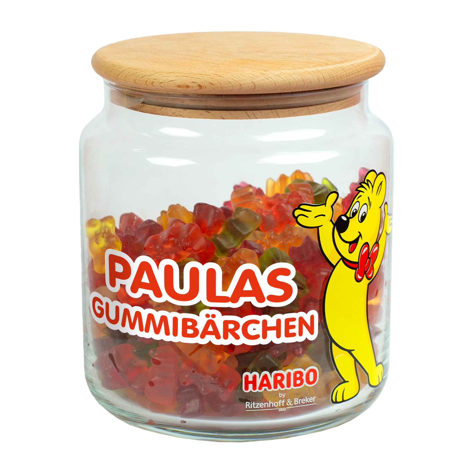 HARIBO Vorratsglas 1,1 Liter mit Goldbär-Motiv, Name ‚Paulas Gummibärchen‘ im roten Druck, verschlossen mit Holzdeckel.