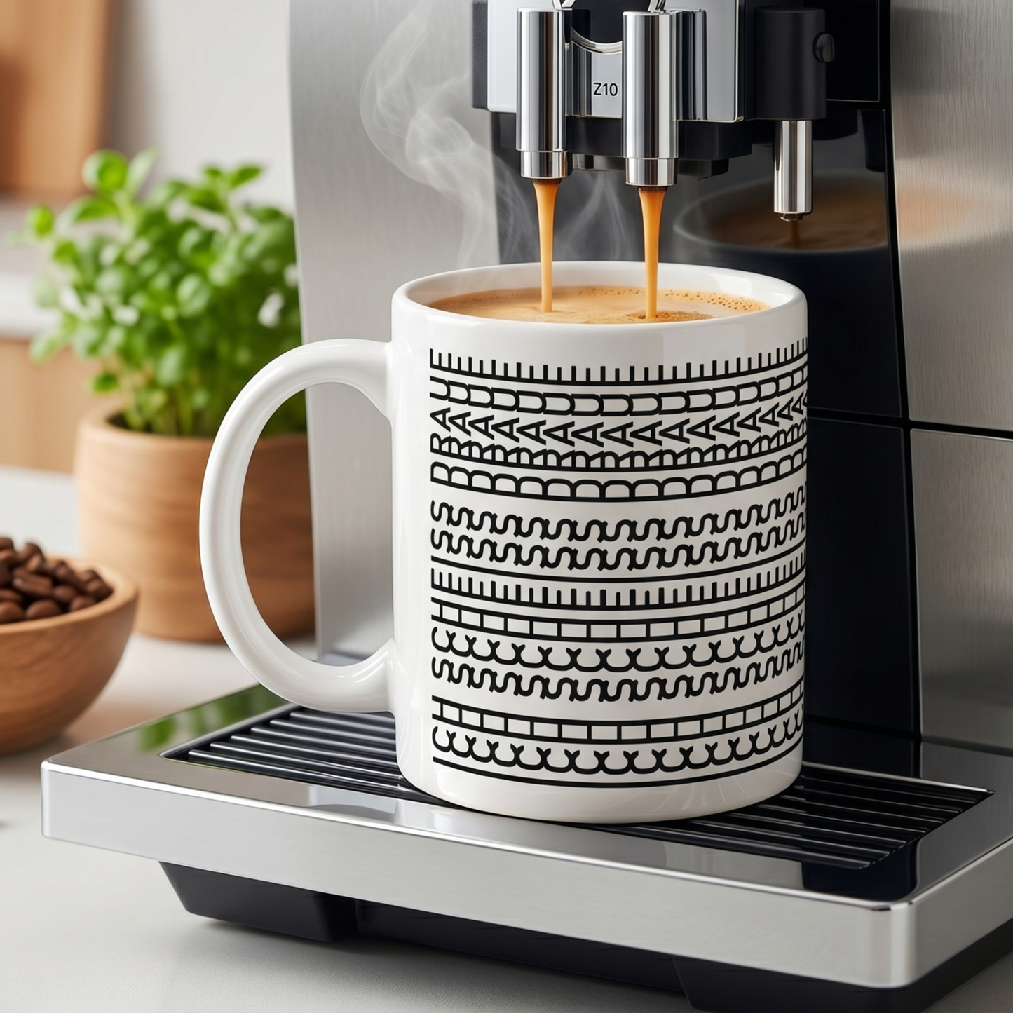 Keramiktasse mit versteckter Botschaft unter Kaffeevollautomat beim Befüllen mit Kaffee