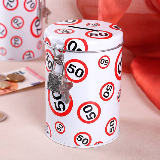 Spardose aus Metall mit Schloss zum 50. Geburtstag