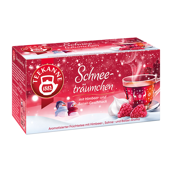 Freigestellte Teepackung „Teekanne Schneeträumchen“ in pinkem Schneemotiv mit Himbeeren und Baiser.