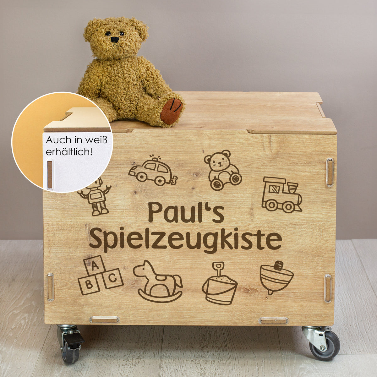 Personalisierte Holz-Rollkiste von clipfritz® mit Wunschtext f. Kinder –