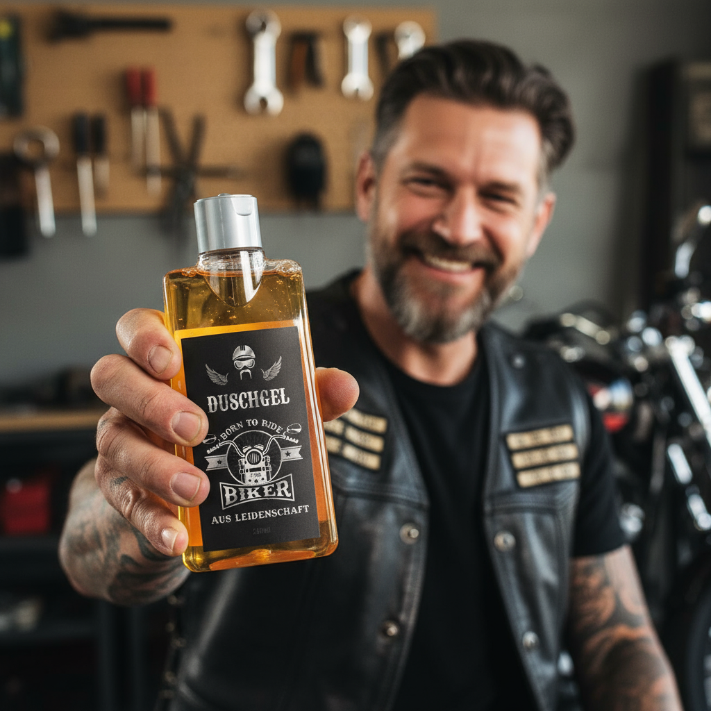 Badset für Biker aus Duschgel und Seife von Biker in die Kamera gehalten