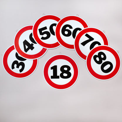 Rundes Blechschild zum Geburtstag & Jubiläum 25 cm im Verkehrsschild Design - Übersicht in Halbkreis