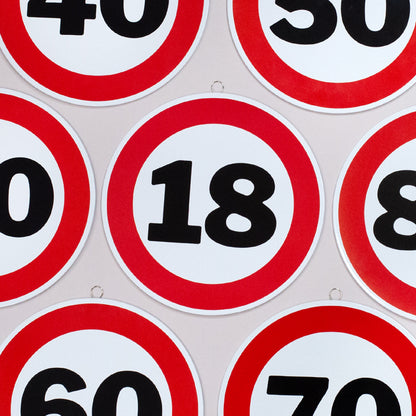 Rundes Blechschild zum Geburtstag & Jubiläum 25 cm im Verkehrsschild Design - Übersicht Nahaufnahme