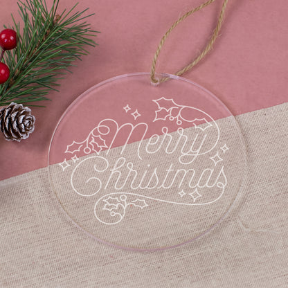 Transparente Weihnachtskugel aus Acryl mit gelasertem Merry Christmas Schriftzug