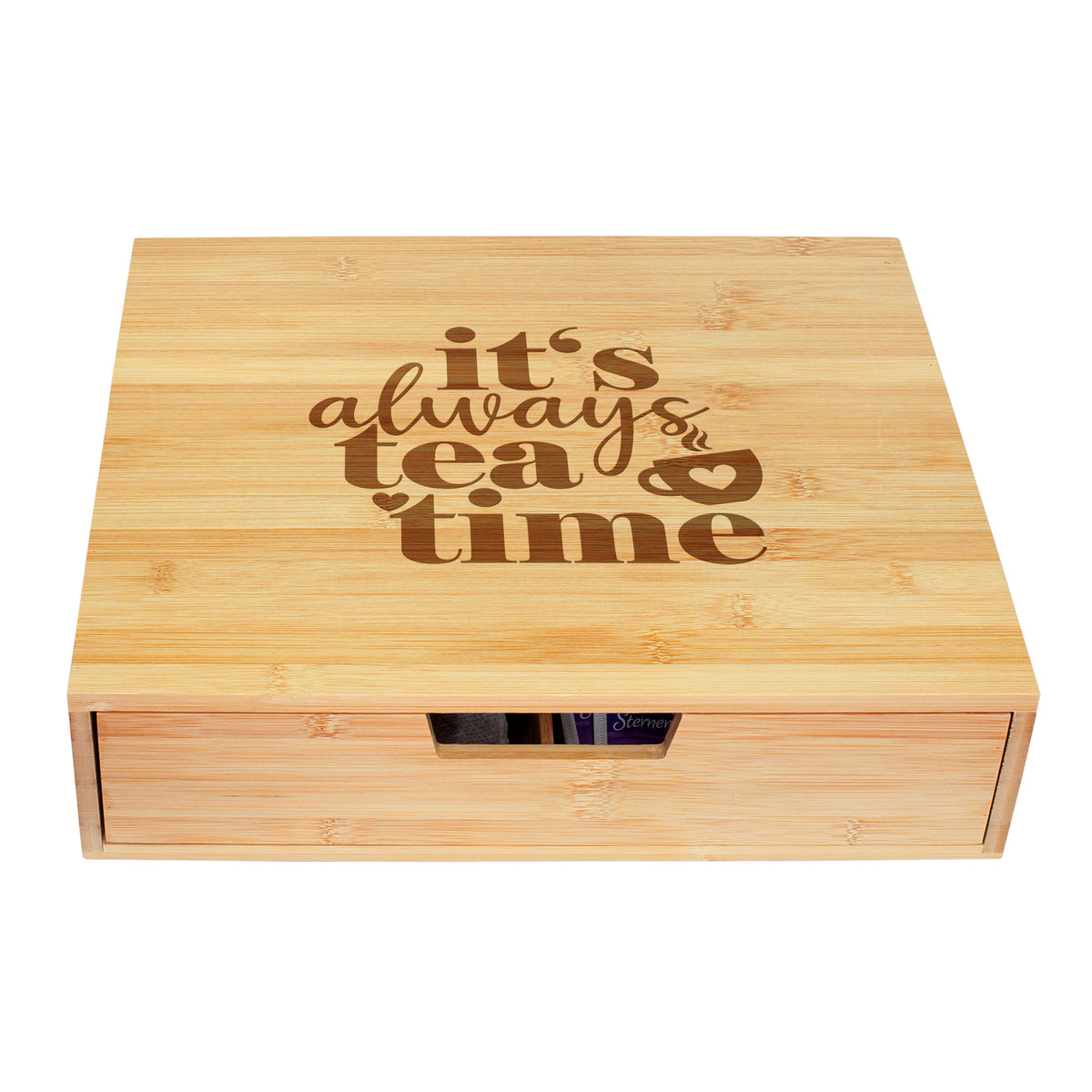 Teebox aus Bambus mit It's always tea time Motiv und großer Schublade auf weißem Hintergrund