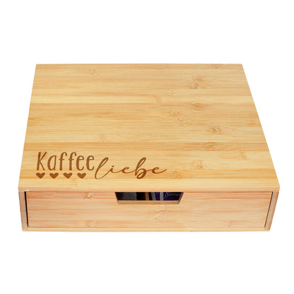 1. Aufbewahrungsbox aus Bambus mit Schublade und lasergraviertem Kaffeeliebe Motiv