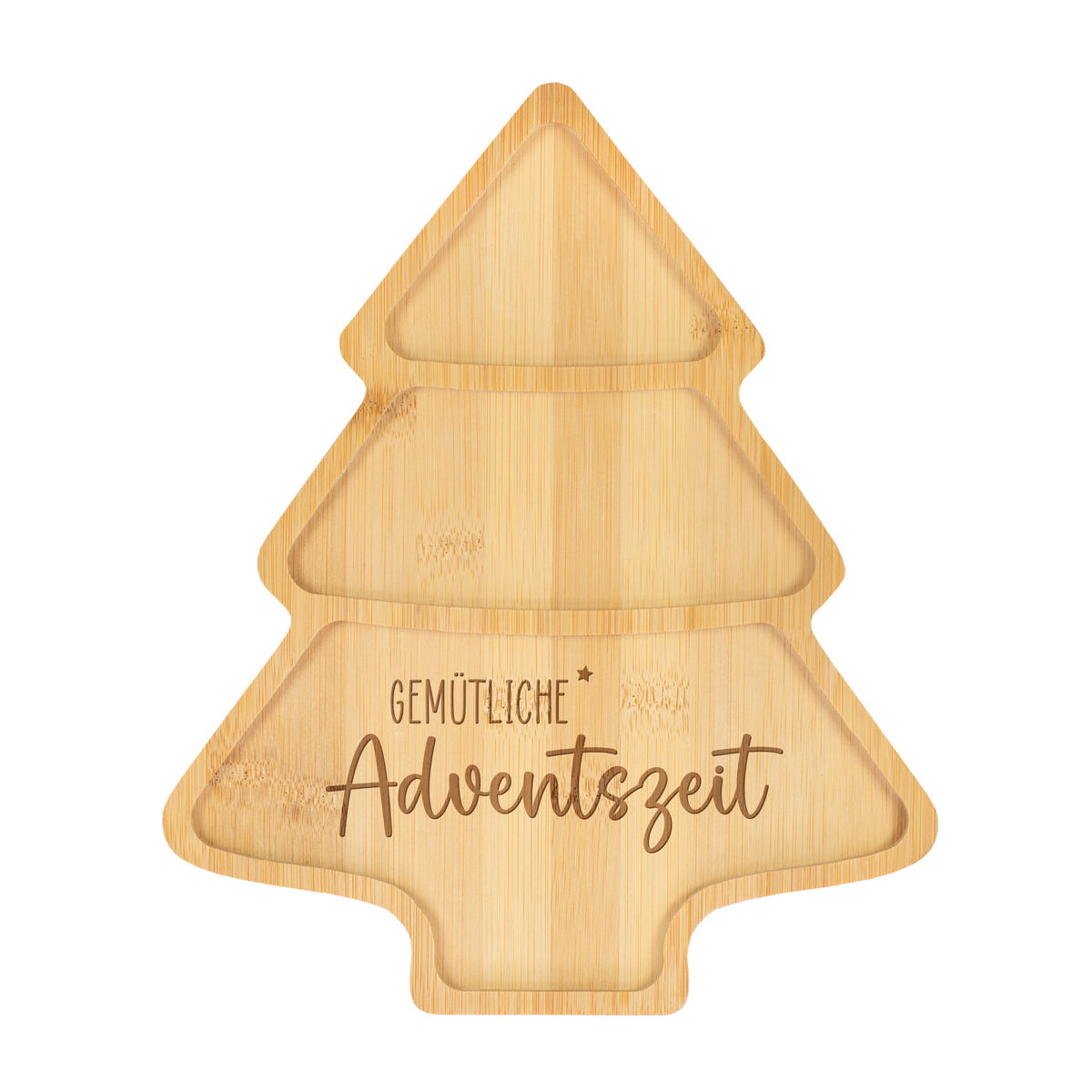 Plätzchenteller aus Bambus 'Gemütliche Adventszeit' in Weihnachtsbaum Form | Servierbrett als Geschenk