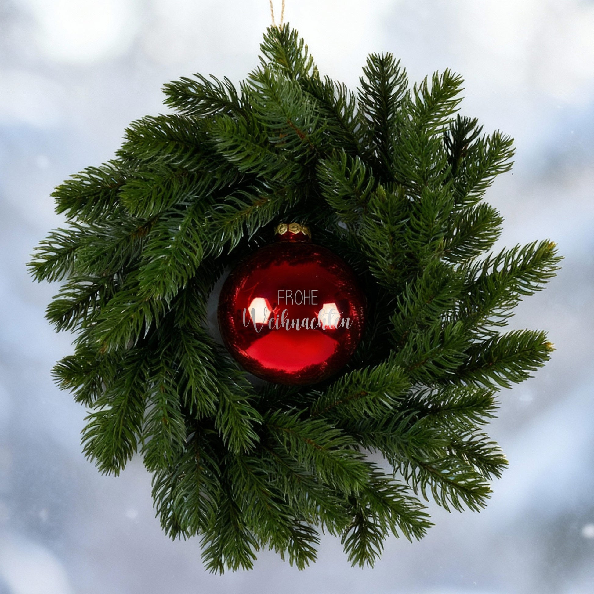 Türkranz mit roter Weihnachtskugel Frohe Weihnachten vor winterlicher Fensterszene