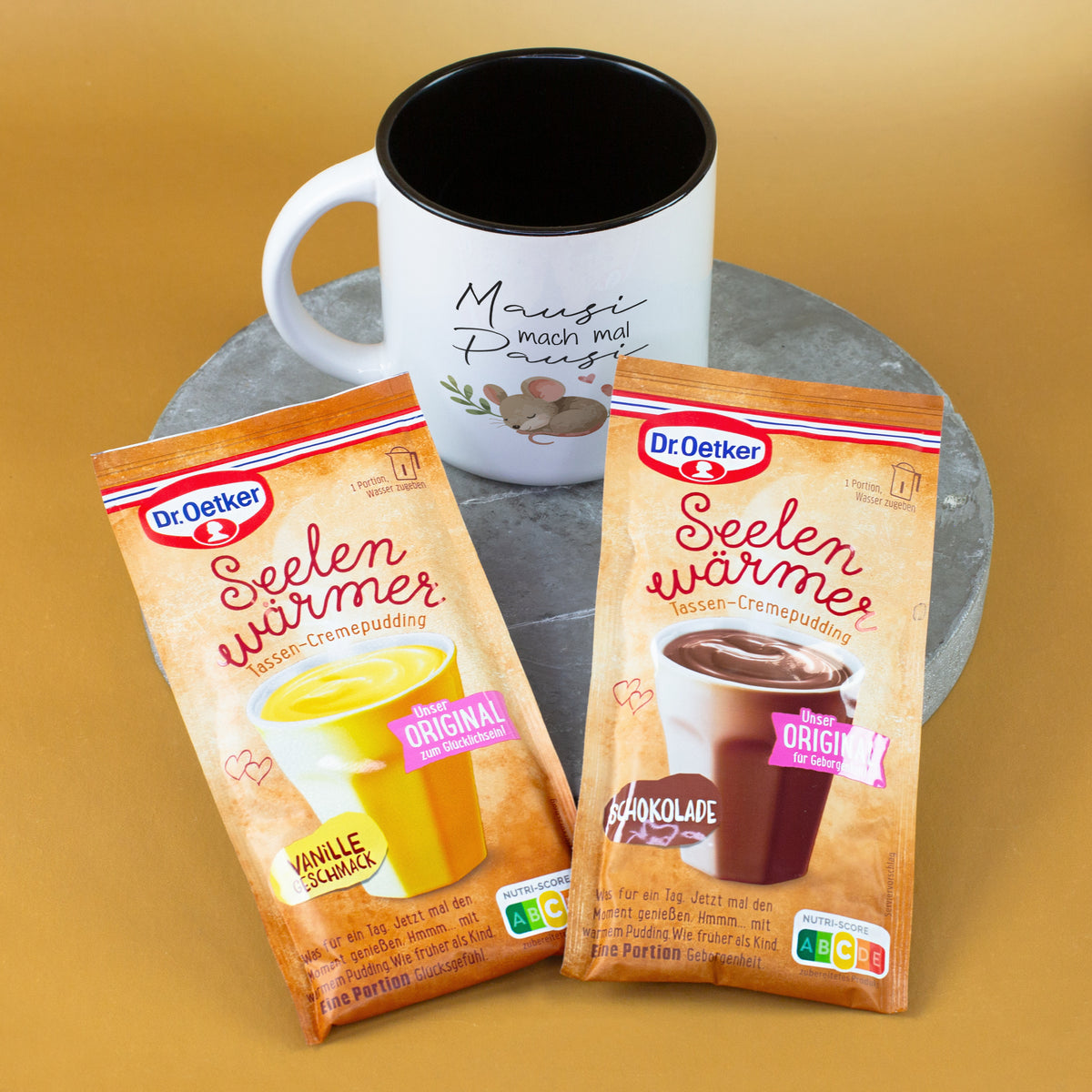 Geschenk Set mit Mausi mach mal Pausi Tasse und Seelenwärmer Pudding in Schoko und Vanille