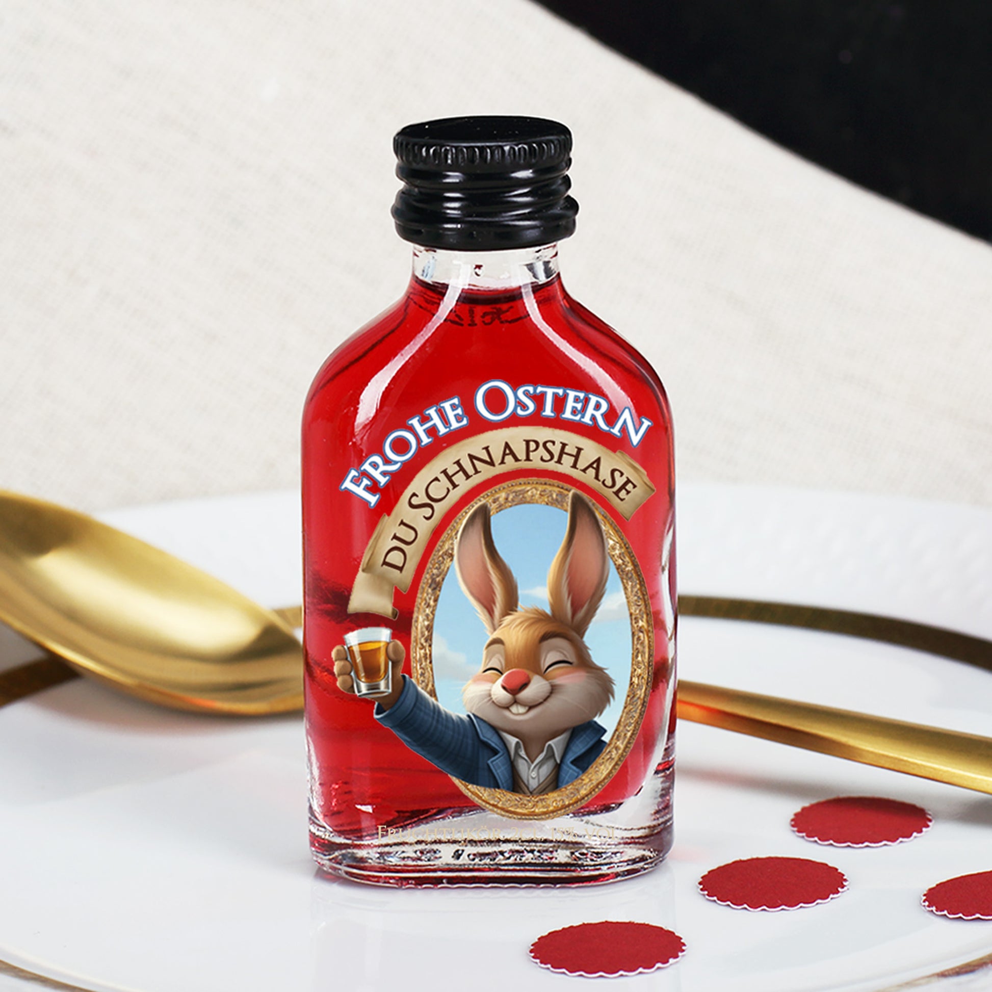 Osterschnaps mit Fruchtlikör in dekorativer Mini-Glasflasche mit Hasenmotiv auf Teller mit Osterdeko
