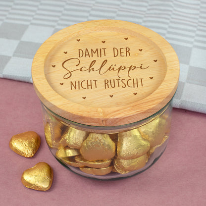 Lustige 600 ml Glasdose aus recyceltem Glas mit graviertem Holzdeckel und Herzmotiven