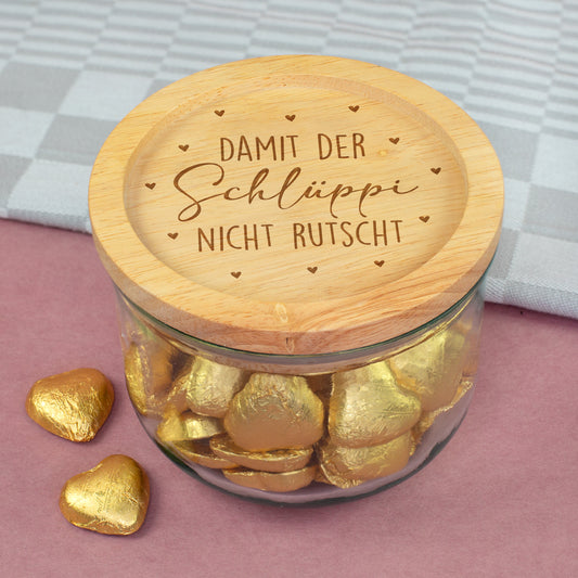 Lustige 600 ml Glasdose aus recyceltem Glas mit graviertem Holzdeckel und Herzmotiven