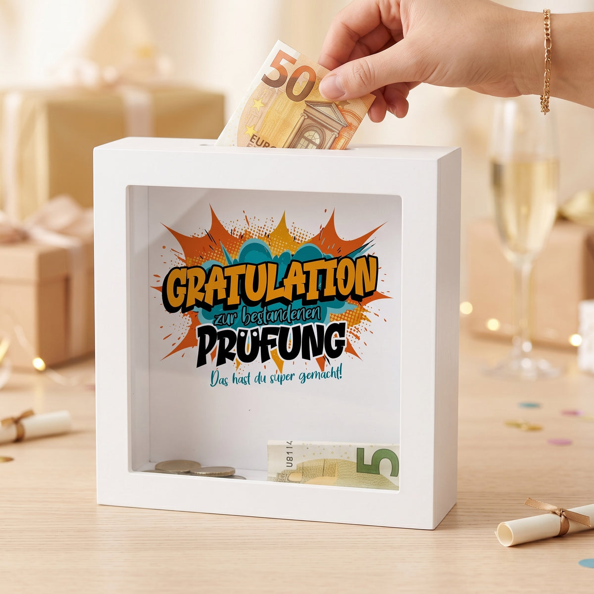 Spardose Geldgeschenk zu Schulabschluss, Abitur, Bachelor, Master uvm. –