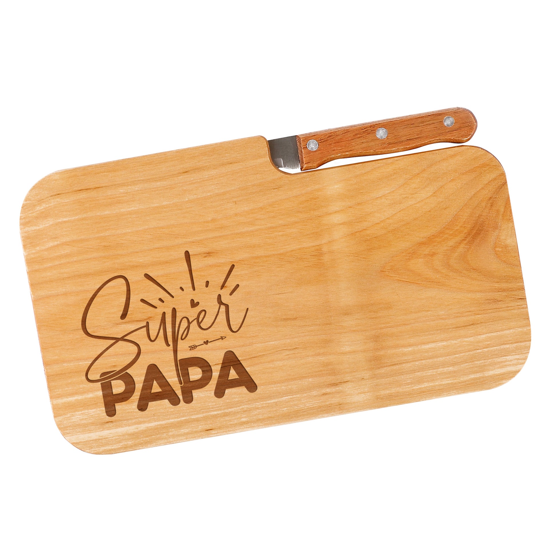 Produktbild Frühstücksbrett Super Papa freigestellt mit Messer