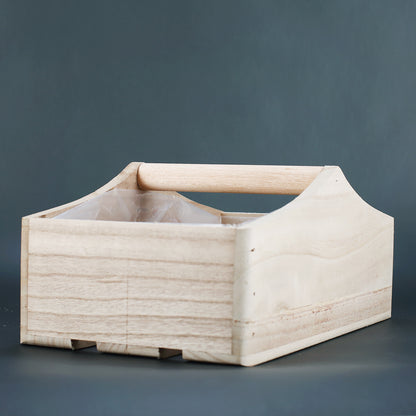 Holz Pflanzkorb mit Mittelgriff und Folieneinsatz innen, naturbelassene Pflanzkiste für Blumen oder Geschenke