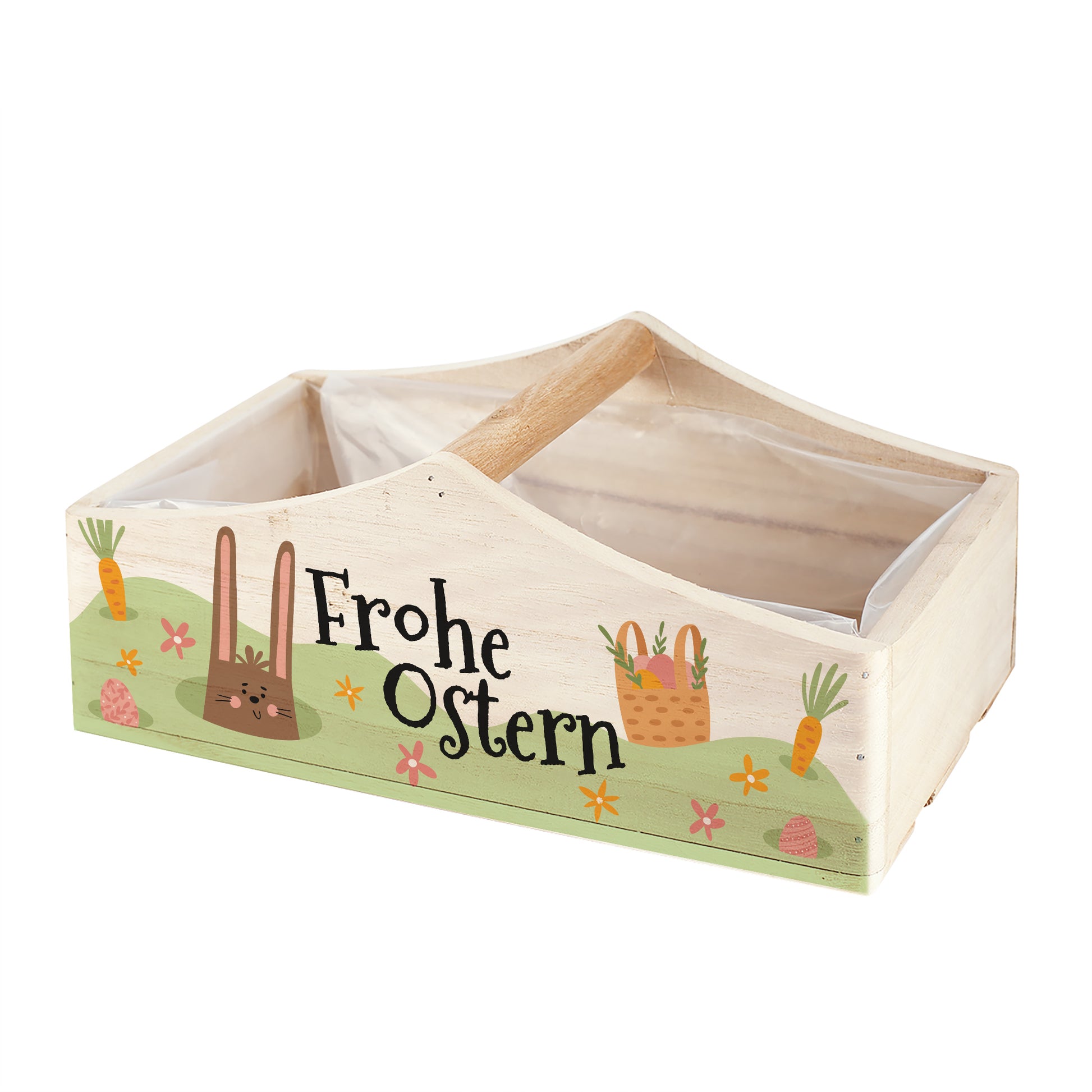 Geschenkkorb aus Holz mit Griff und Osterdesign „Frohe Ostern“, dekoriert mit Tulpen und Frühlingsblumen