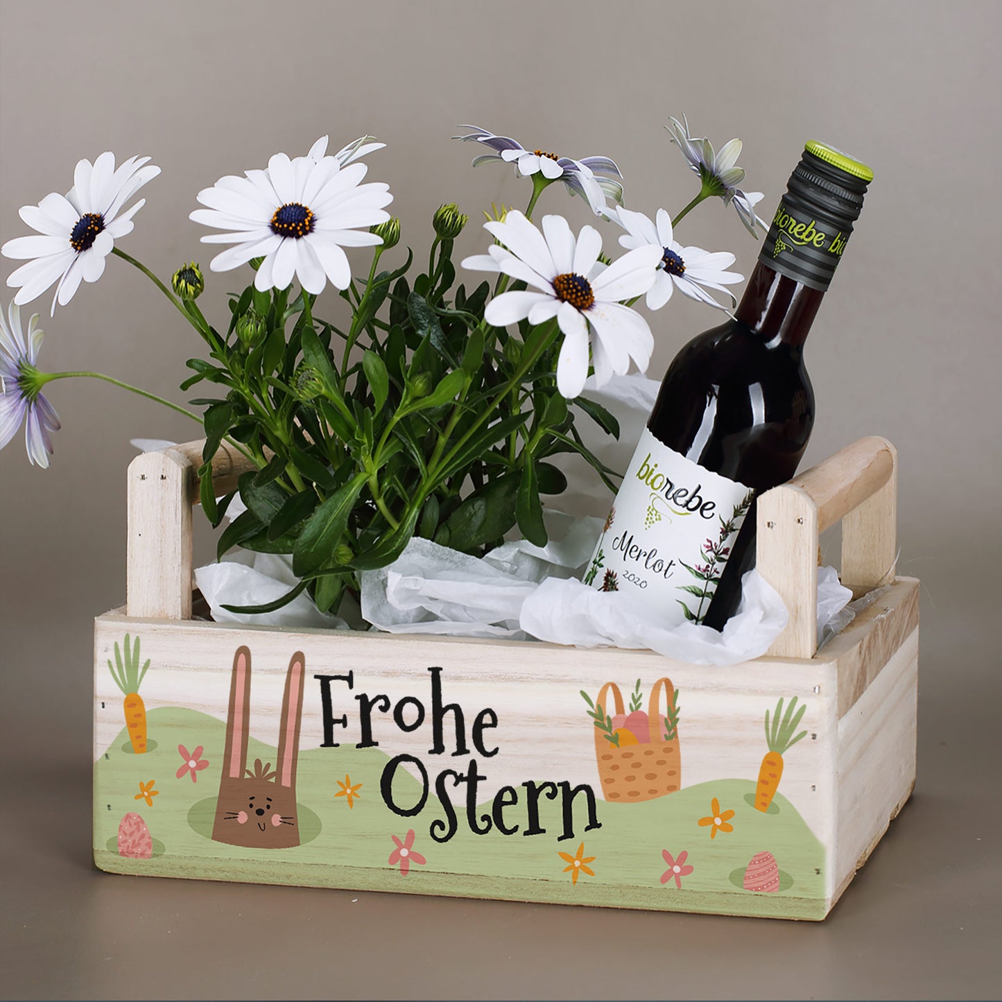 Pflanzkorb zu Ostern 'Frohe Ostern' aus Holz | Geschenkkorb mit Hasenmotiv in 3 Varianten