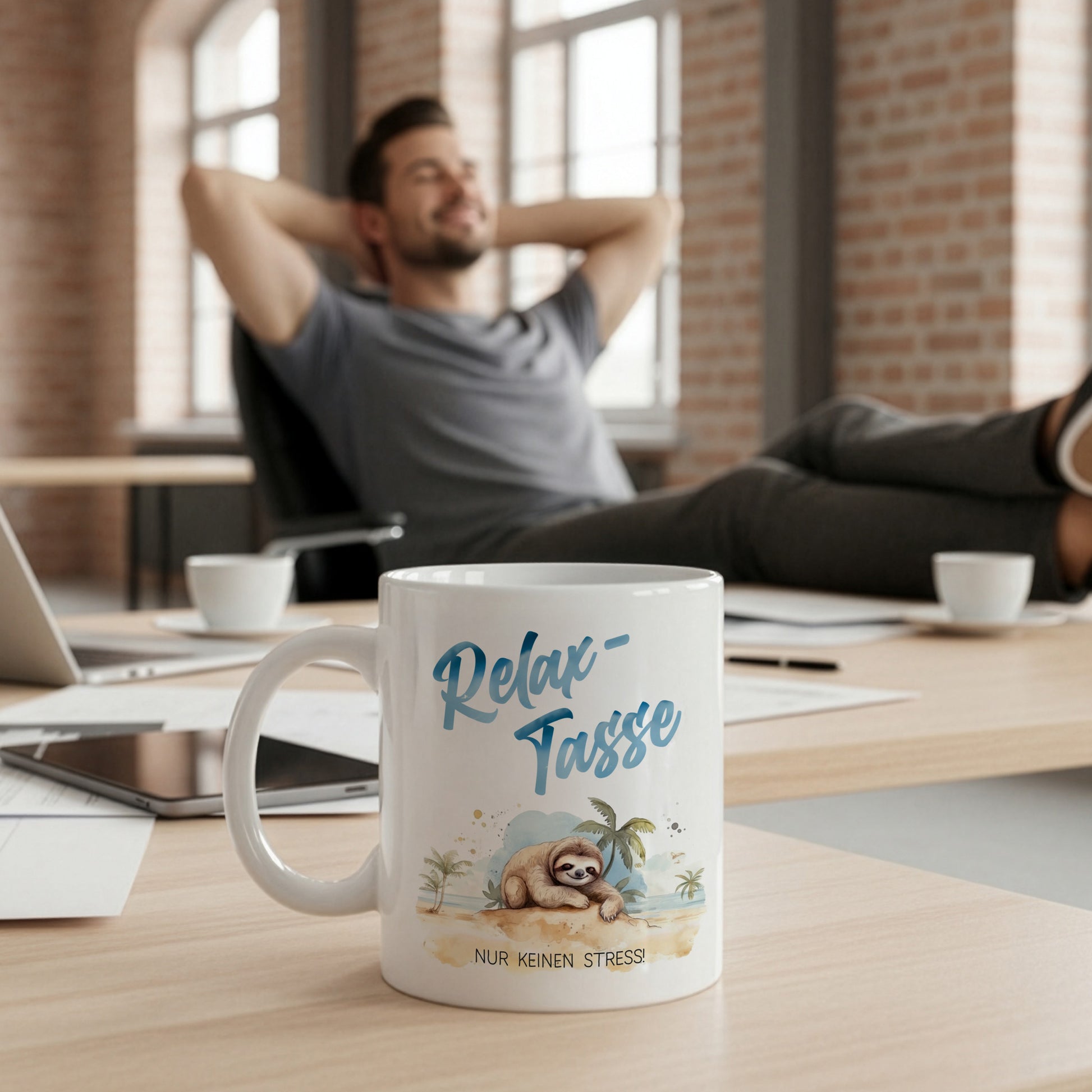 Relax-Tasse mit Faultiermotiv auf Schreibtisch, Mann lehnt entspannt im Bürostuhl