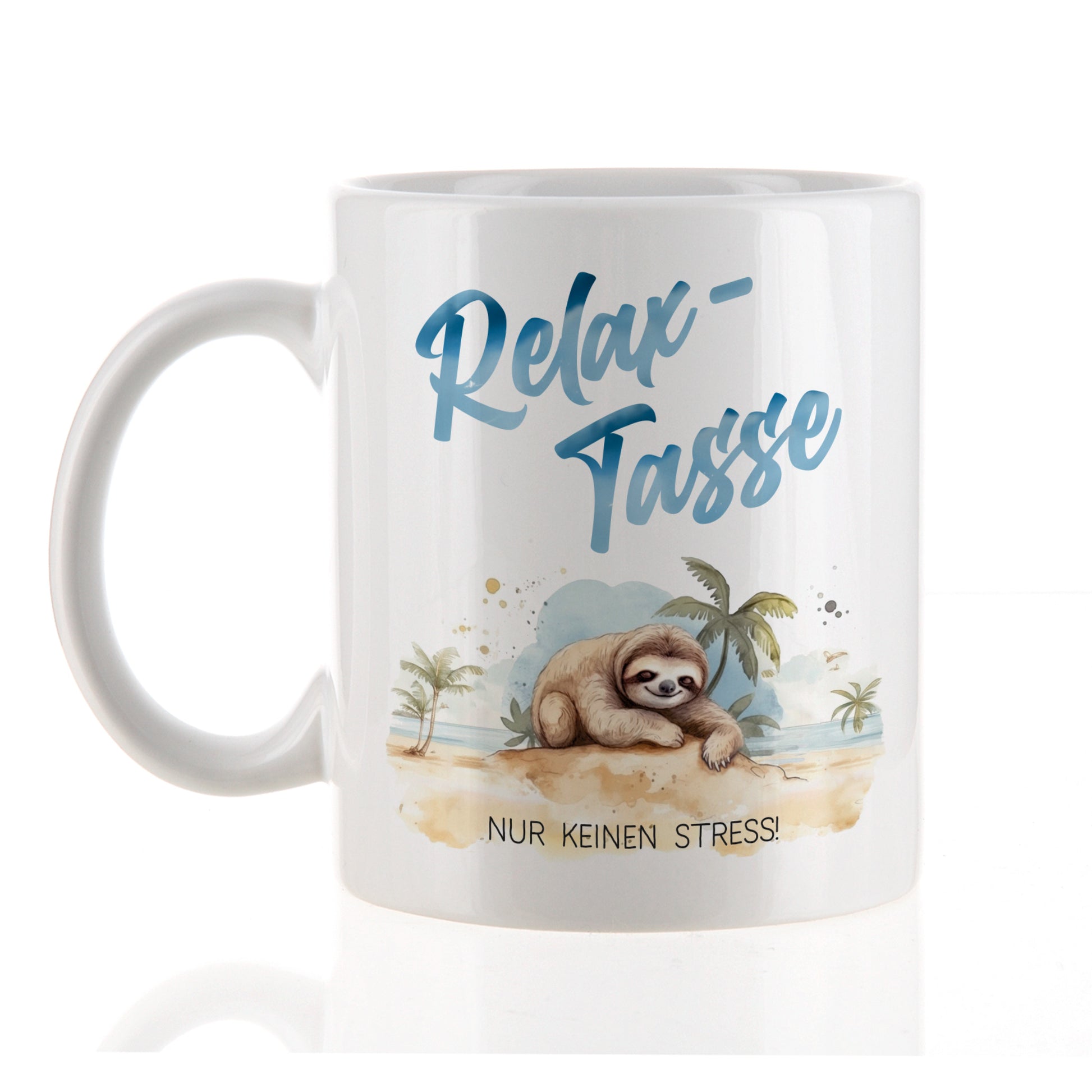 Bedruckte Keramiktasse mit Faultiermotiv und Aufschrift „Relax-Tasse“ auf weißem Hintergrund