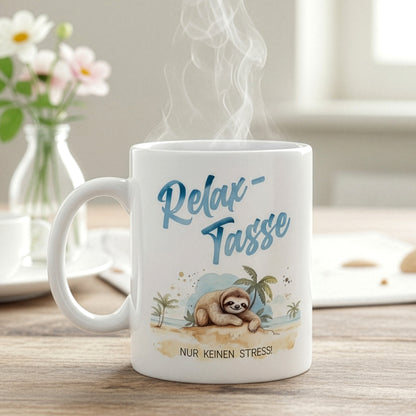 Relax-Tasse mit aufsteigendem Dampf auf Holztisch, Blumen und Vase im Hintergrund