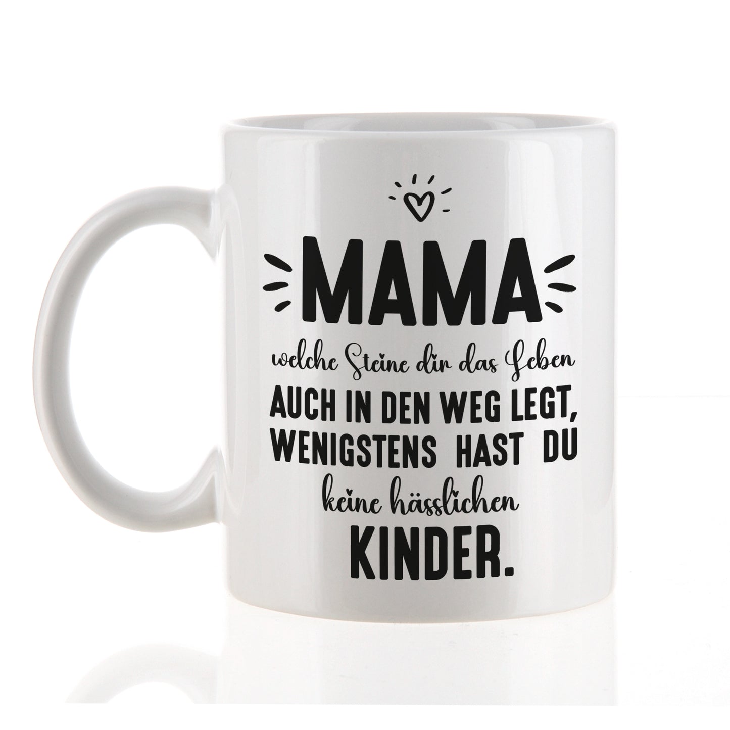 Weiße Mama-Tasse mit lustigem Spruch, seitliche Ansicht mit gut sichtbarem Henkel
